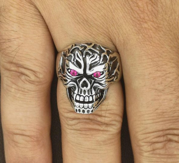 925 Ayar Gümüş Kuru Kafa Motifli Yüzük - Resim 5