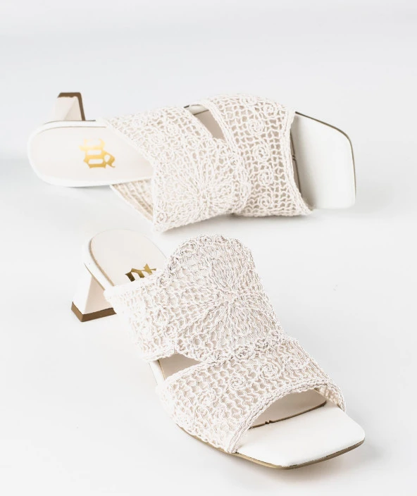 Beyaz Örgü Kadın Kısa Topuklu Terlik - 2