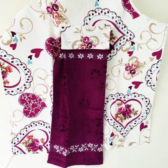 Koyu Mor El Bezli Kalp Desenli Mutfak Önlüğü - 2