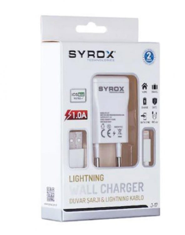Syrox 1.0 Amper  Lıghtnıng Hızlı Şarj Cihazı ve Data Kablosu Iphone şarj Seti J17