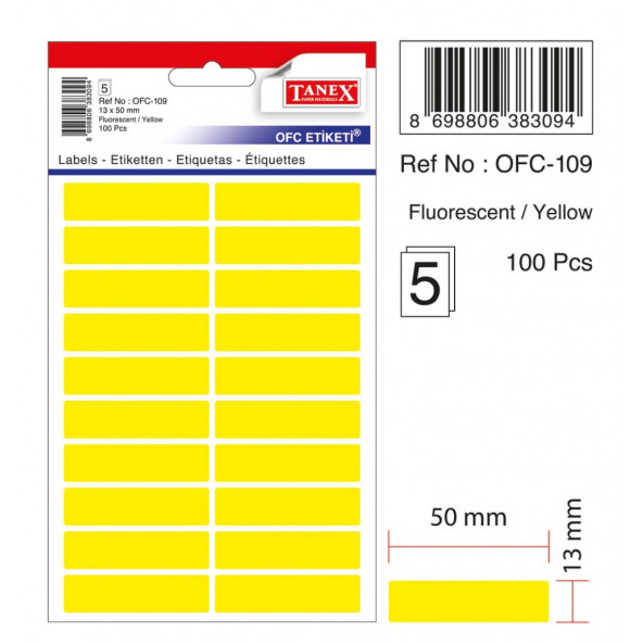 Tanex Fluorescent / YELLOW Ofis Etiketi 13mmX50mm 5.yaprak (100 Etiket)