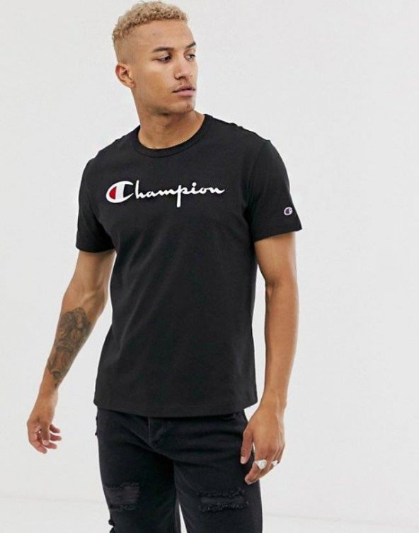 Champion Klasik Logo İşleme Unisex Tişört Siyah
