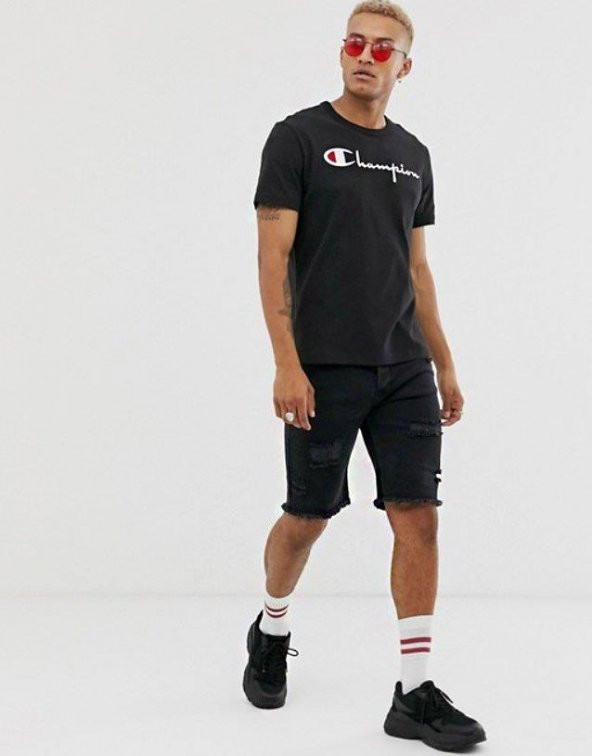 Champion Klasik Logo İşleme Unisex Tişört Siyah - 3