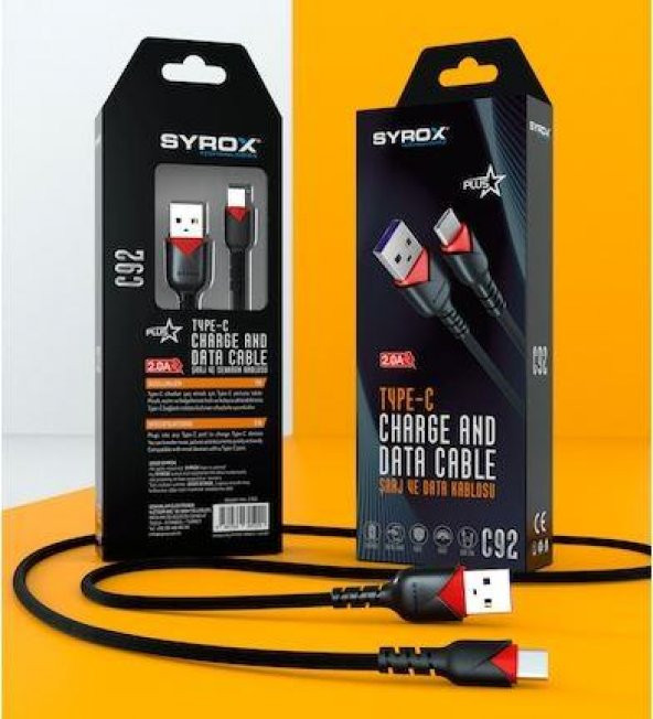 C92 Syrox 2 Amper Type-C Usb Hızlı Şarj Cihazve Şarj Kablosu Dayanıklı Örgü Siyah