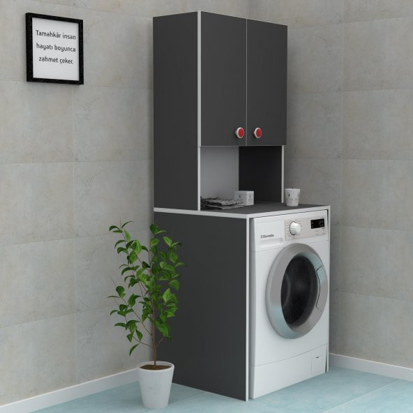 Zkenzlife çamaşır makinesi dolabı raisa gri 180*066*60 kırmızı kulp banyo ofis kapaklı arkalıklı