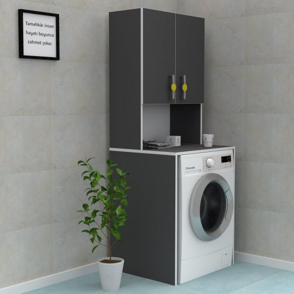 Zkenzlife çamaşır makinesi dolabı raisa gri 180*066*60 sarı kulp banyo ofis kapaklı arkalıklı