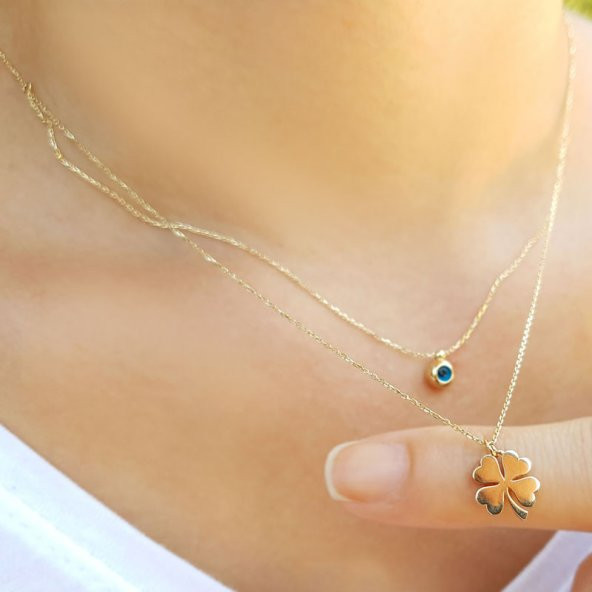 14 Ayar Altın Nazarlı Yonca Kolye - Resim 3