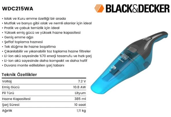 Black&Decker Wdc215Wa 10.8Wh/7.2V 1.5Ah Li-İon Islak/Kuru Şarjlı Süpürge - 2