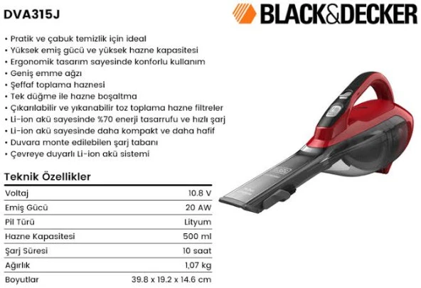 Black&Decker DVA315J 16.2Wh/10.8V 1,5Ah Li-ion Şarjlı Süpürge