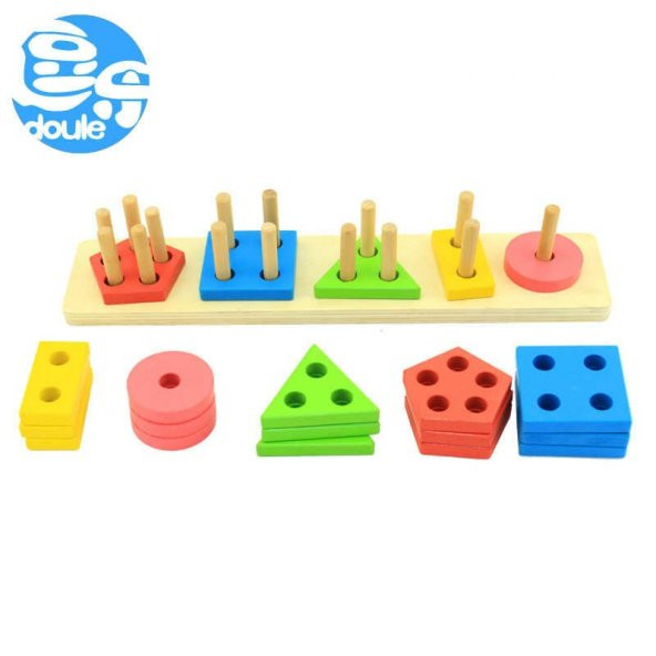 Hamaha Wooden Toys Colorful Geometric Five Set of Columns Geometrik Şekiller