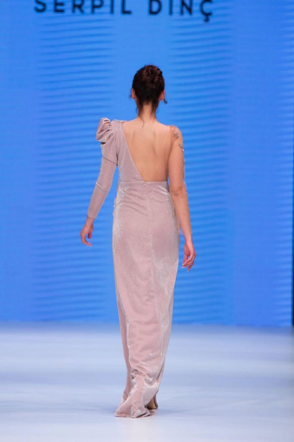 Serpil Dinç Drape Detay Yırtmaçlı Pudra Pembe Elbise - 2
