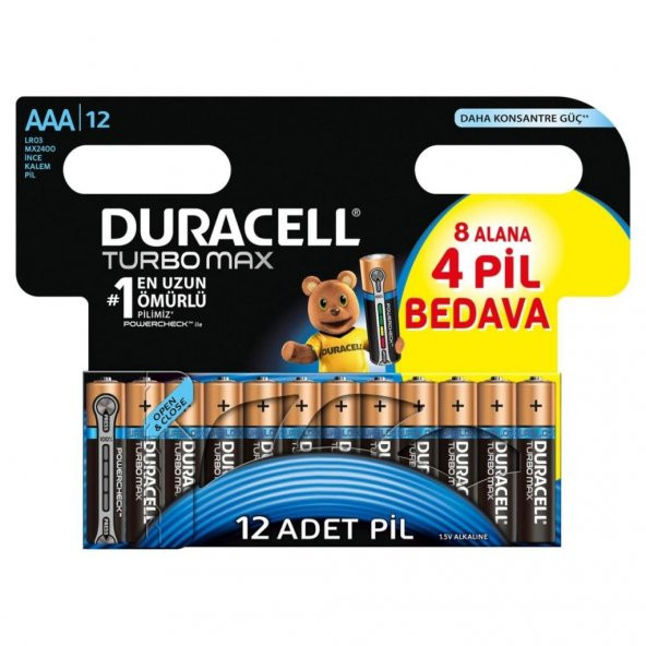 Duracell Turbomax AAA 8 + 4 İnce Kalem Pil