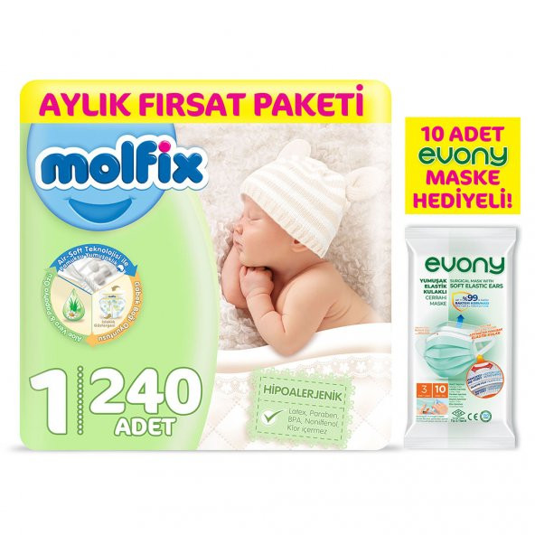 Molfix Bebek Bezi 1 Beden Yenidoğan Aylık Fırsat Paketi 240 Adet + Evony Maske 10lu Hediyeli