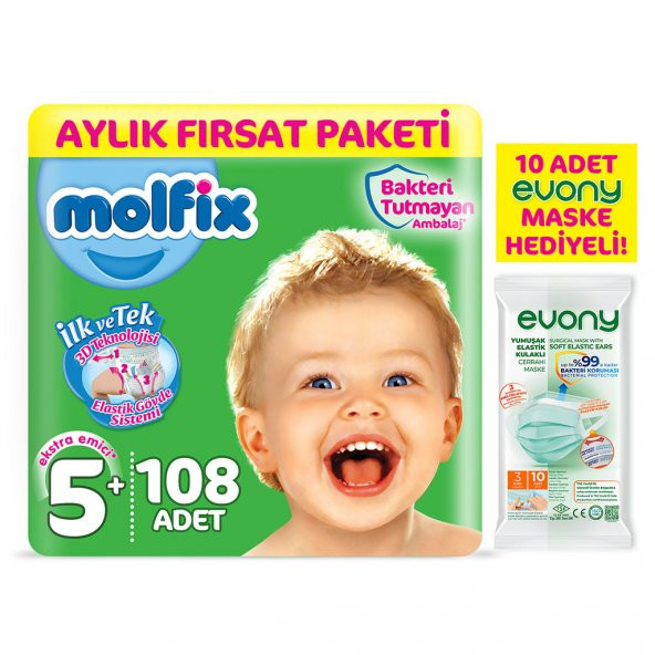 Molfix Bebek Bezi 5+ Beden Junior Plus Aylık Fırsat Paketi 108 Adet + Maske 10lu Hediye