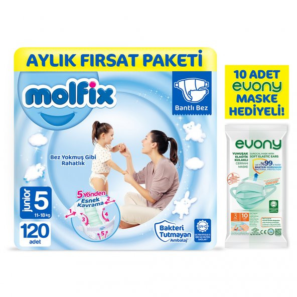 Molfix Bebek Bezi 5 Beden Junior Aylık Fırsat Paketi 120 Adet + Evony Maske 10lu Hediyeli