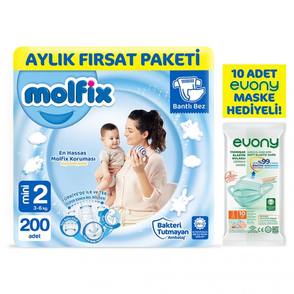 Molfix Bebek Bezi 2 Beden Mini Aylık Fırsat Paketi 200 Adet Evony Maske 10 Adet Hediye