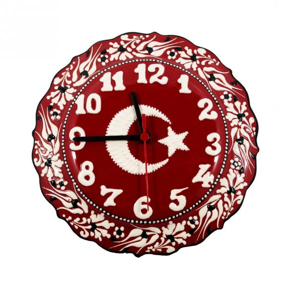 Dizayn Türk Bayrağı Desenli Çini Saat  25 cm Kırmızı - 1