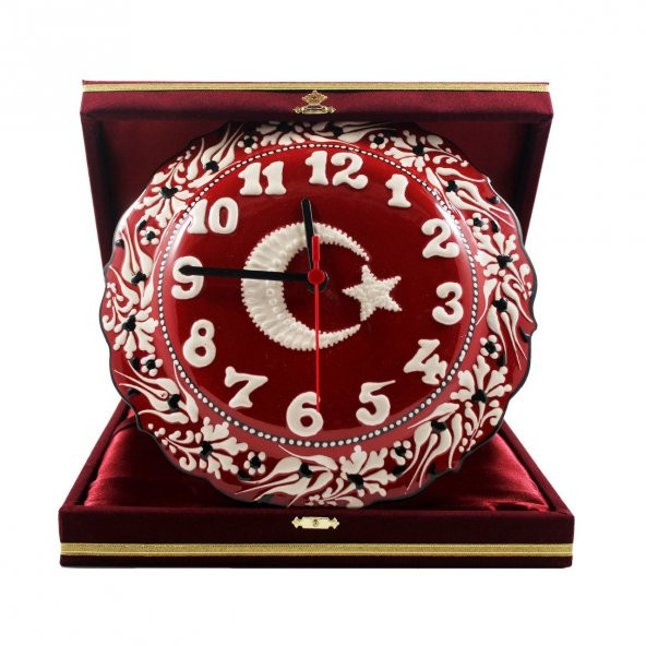 Dizayn Türk Bayrağı Desenli Çini Saat  25 cm Kırmızı - 2