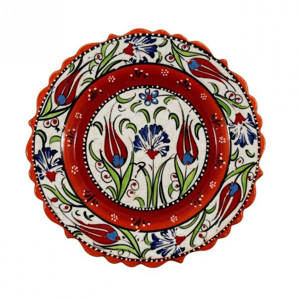 Dizayn Çiçek Desenli Turuncu Çini Tabak  25 cm Kırmızı