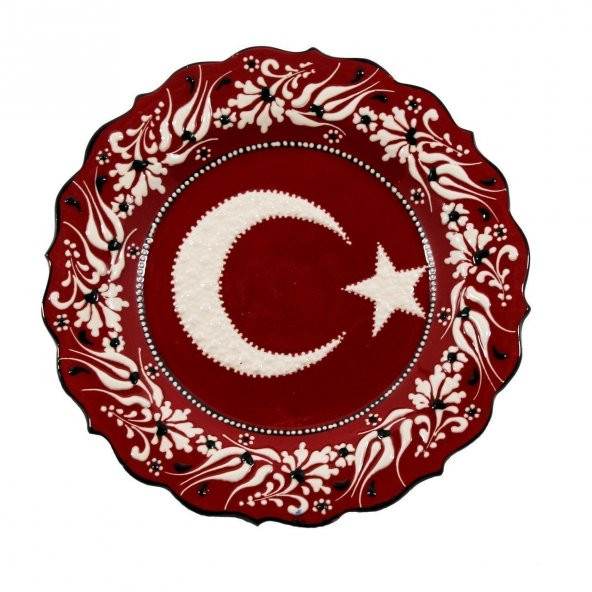 Dizayn Türk Bayrağı Desenli Çini Tabak  18 cm Kırmızı