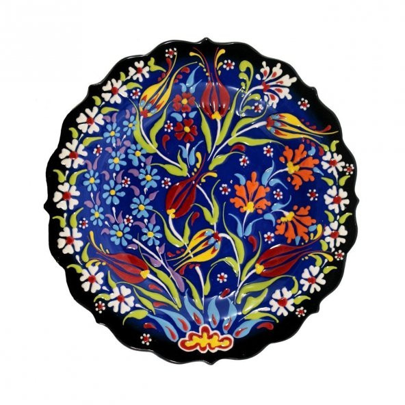 Dizayn Çiçek Desenli Mavi Çini Tabak  18 cm Kadife Kutusuz