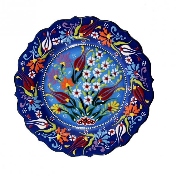 Dizayn Lale Desenli Mavi Çini Tabak  18 cm Kadife Kutusuz
