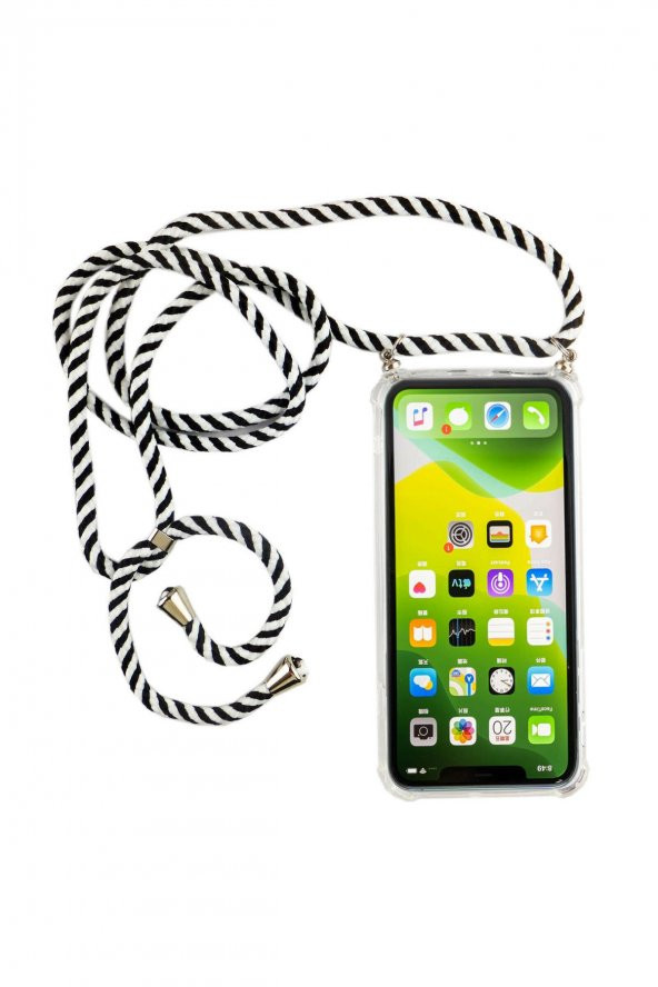 İphone 7 için Boyun askılı Şeffaf çok şık kılıf Siyah-Beyaz zebra ipli