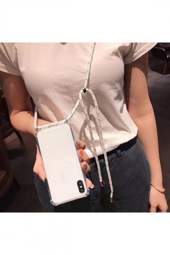 İphone 8 Plus için Boyun askılı Şeffaf çok şık kılıf Beyaz ipli - 2