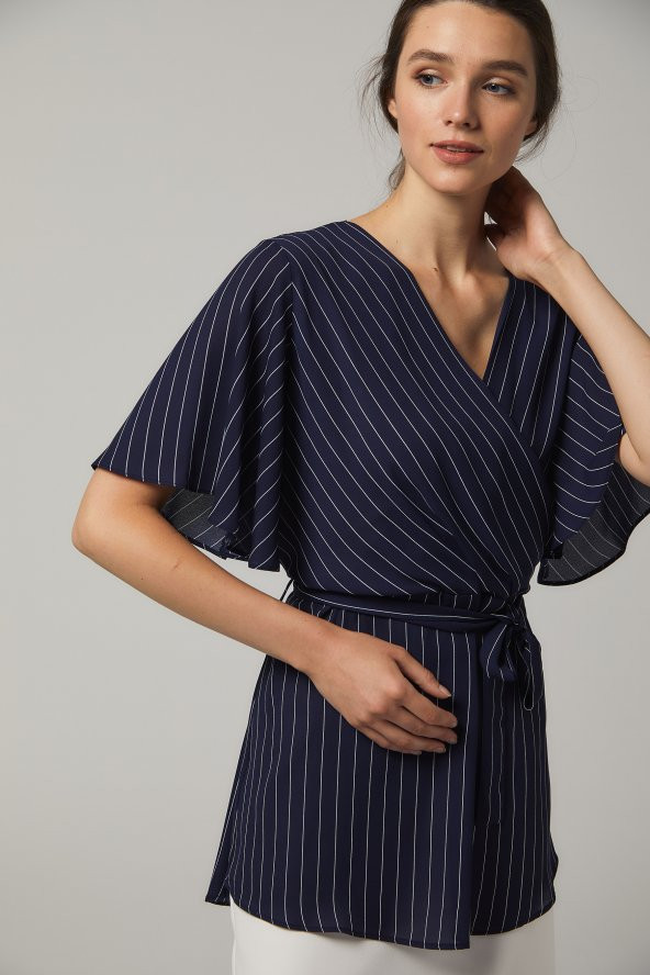 BAYAN KRUVAZE BLUZ BAĞLAMALI''SORALLİNE''4197 LACİVERT ÇİZGİLİ