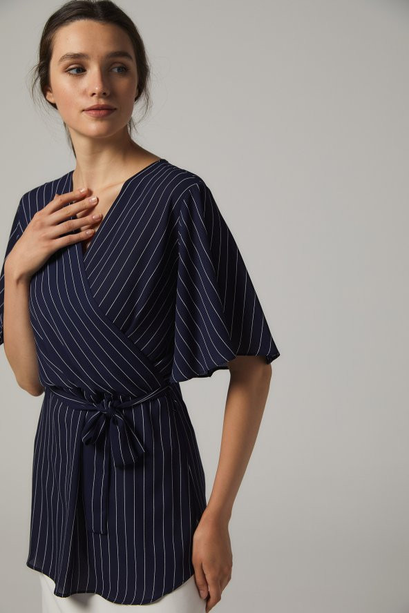 BAYAN KRUVAZE BLUZ BAĞLAMALI''SORALLİNE''4197 LACİVERT ÇİZGİLİ - 2