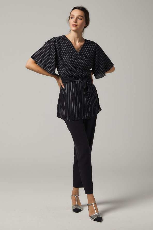 BAYAN KRUVAZE BLUZ ''SORALLİNE''4197 SİYAH ÇİZGİLİ