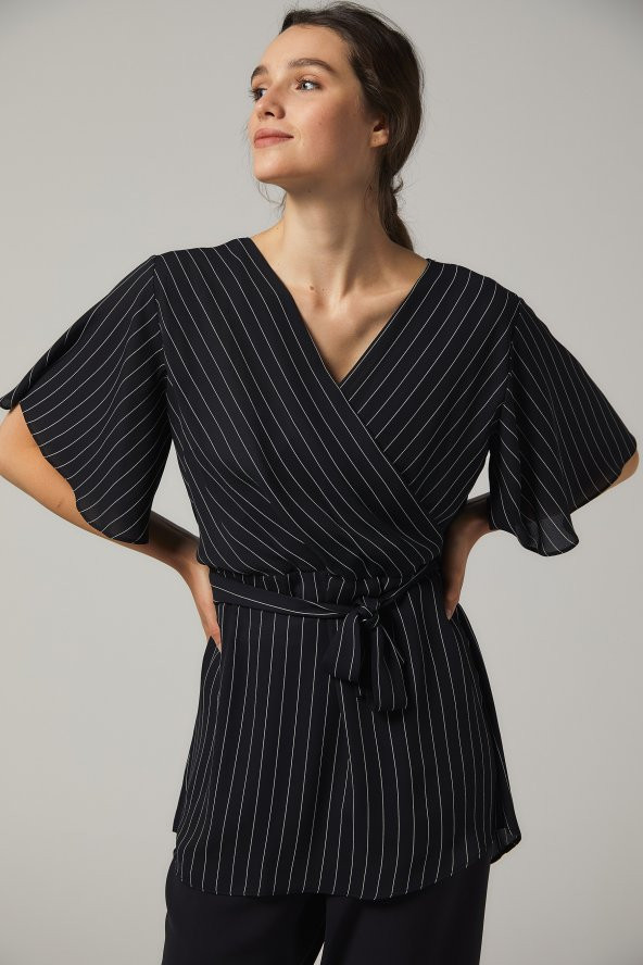 BAYAN KRUVAZE BLUZ ''SORALLİNE''4197 SİYAH ÇİZGİLİ - 2