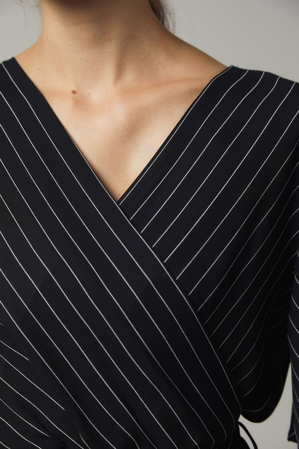 BAYAN KRUVAZE BLUZ ''SORALLİNE''4197 SİYAH ÇİZGİLİ - 3