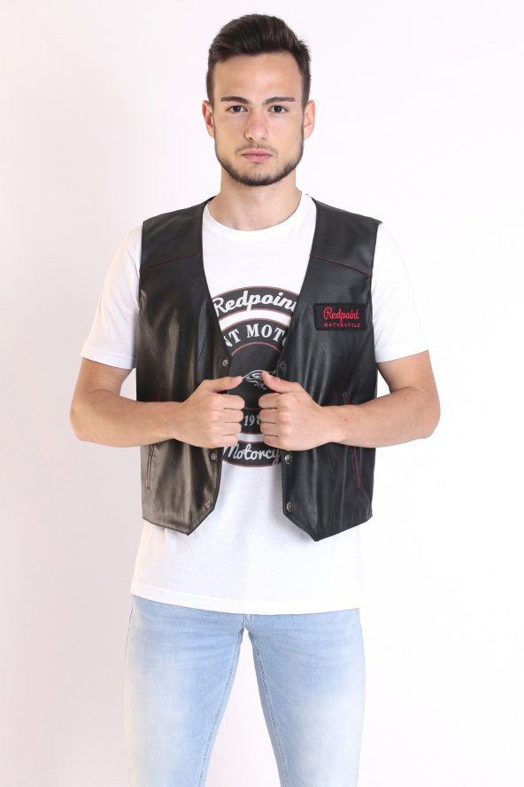 Redpoint Suni Deri Biker Yelek Nakışlı - 2