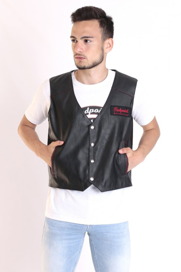 Redpoint Suni Deri Biker Yelek Nakışlı - 3