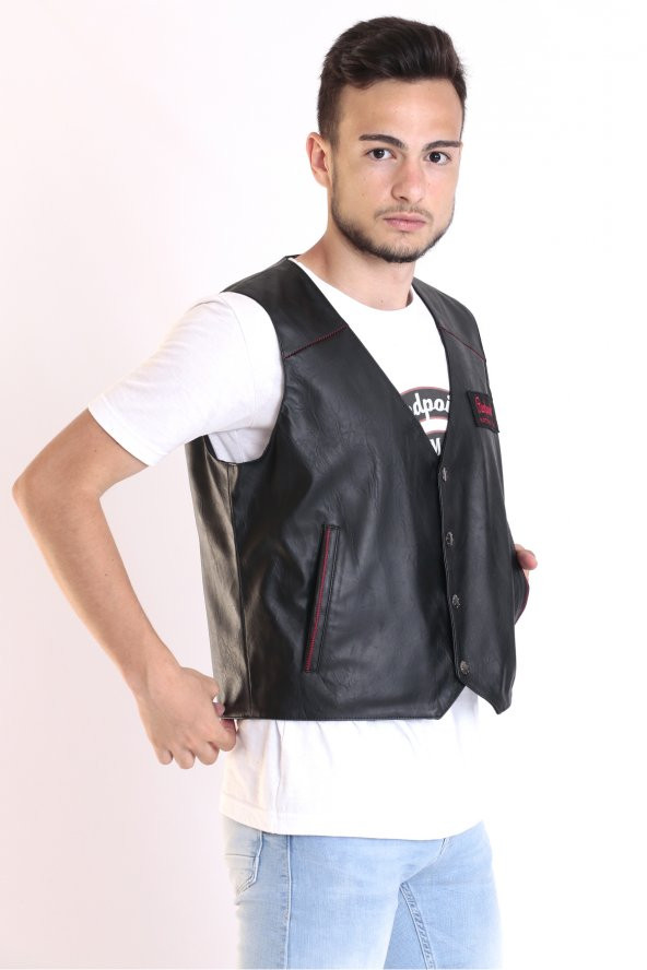 Redpoint Suni Deri Biker Yelek Nakışlı - 5