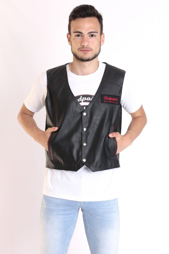 Redpoint Suni Deri Biker Yelek Nakışlı - 6