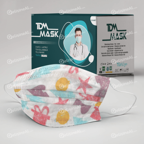 Ultrasonik Paket Desenli 3Katlı Telli Çocuk Medikal Maske 10 lu