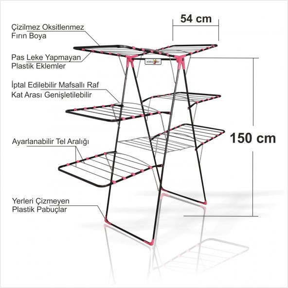 Büyük Çok 3 Katlı Pas İz Yapmaz Çamaşır Kurutma Teli Rafı Askısı