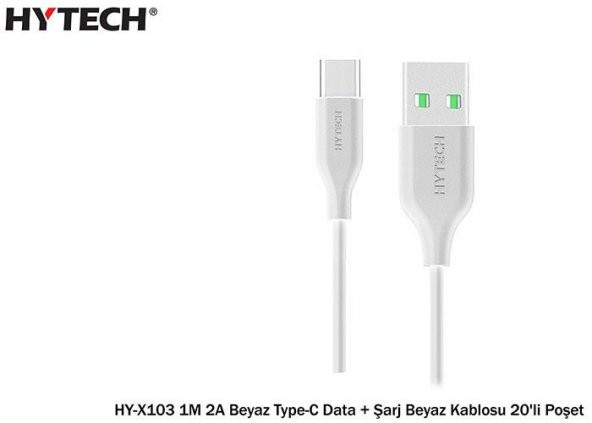 Hytech HY-X103 1M 2A Beyaz Type-C Data + Şarj Beyaz Kablosu