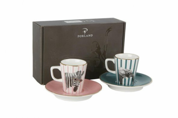 Porland Wild Life Zebra-Elephant Tabaklı Kahve Takımı 4 Parça