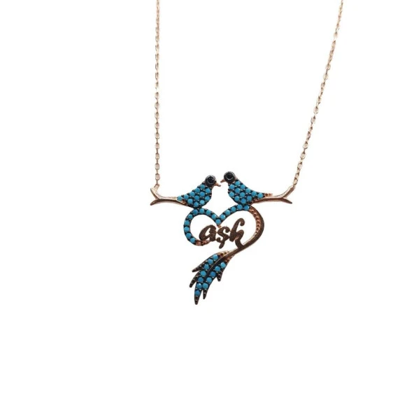 Mavi Zirkon Taşlı Altın Renk Kuş ve Kalp Figürlü Bayan Kolye - Resim 5