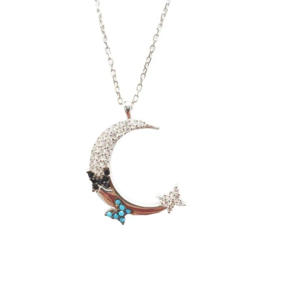 Yarım Ay İçinde Kelebekli Gümüş Renk Bayan Gümüş Kolye - Resim 4