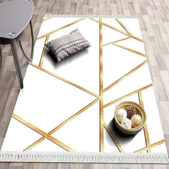 Baskılı Kilim Modern Klasik Çizgili Desen Krem Sarı