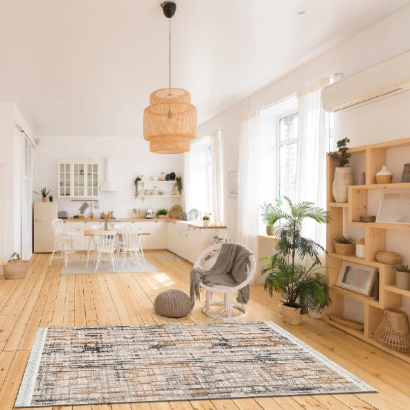 Baskılı Kilim Modern Dekoratif Desenli Siyah Hardal Bej Zeminli