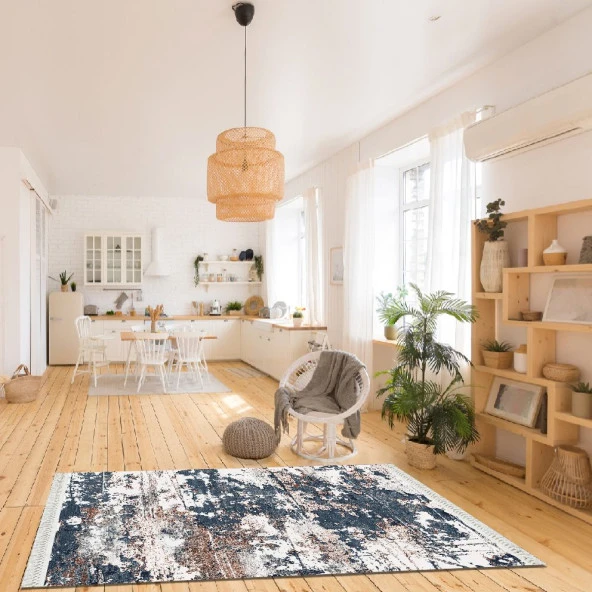 Baskılı Kilim Etnik Klasik Desenli Eskitme İndigo Kahve Gri Renkli
