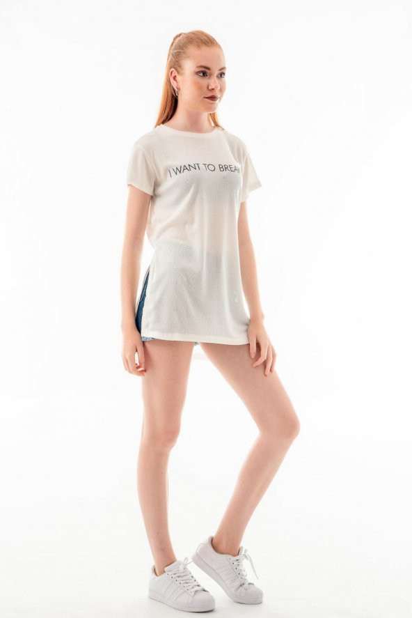 Ekru Yazı Baskılı Kadın Tunik T-Shirt - 2