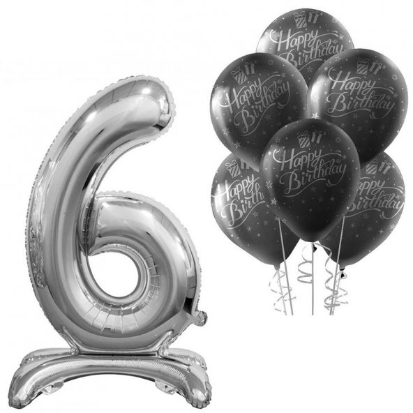 6 Rakam Ayakta Durabilen Gümüş Happy Birthday Balonlu Set