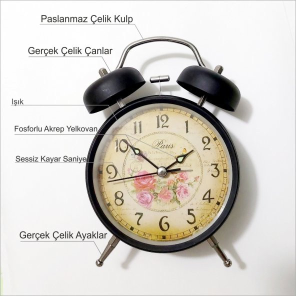 Klasik Retro Fosforlu Işıklı Sessiz Kayar Saniyeli Çalar Saat ürün görseli 1