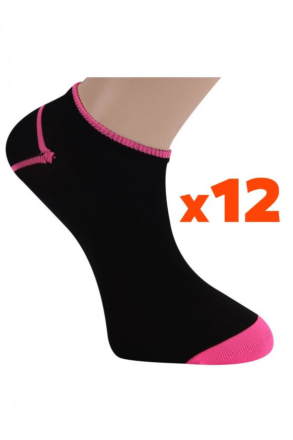 Tüter Siyah Pembe Sneaker Kadın Çorabı 12li Set